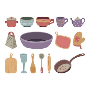 May include: An illustration of various kitchen items, including a red pot, bowls, cups, a teapot, a grater, a mixing bowl, pot holders, a cutting board, a wine glass, wooden spoons, a rolling pin, and a frying pan.