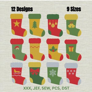 May include: A digital embroidery design set featuring 12 Christmas stockings in 9 sizes. The stockings are red, green, and yellow with icons including a star, tree, ornaments, bells, Santa, holly, gift, sleigh, bow, snowflake, and stars. Text reads 12 Designs, 9 Sizes, XXX, JEF, SEW, PCS, DST.