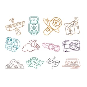 May include: A collection of camping and outdoor adventure icons in various colors. The image includes a canoe with a paddle, a lantern, a flashlight, a map, a backpack, a cloud, binoculars, a camera, mountains, a tree stump, leaves, and a camper.