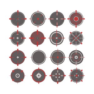 May include: Sixteen different target reticle designs in a grid pattern. Each target is a circle with a dark gray background and a red crosshair. The reticles feature various designs, including dots, lines, and concentric circles. The image is on a white background.