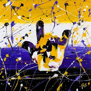 May include: Abstract artwork featuring a hand gesture in yellow, purple, black, and white. The hand is central, set against a backdrop of colour blocks and paint splatters. The painting is signed in the bottom right corner.