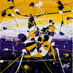 May include: Abstract painting of a hand in a vibrant colour palette. The artwork features a hand shape with yellow, purple, black, and white paint splatters against a yellow and black background. The painting is on a square canvas.