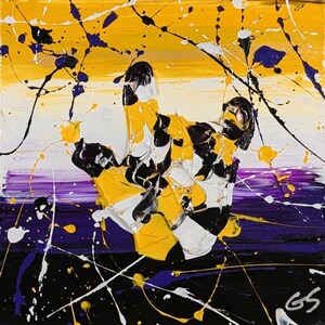 May include: Abstract painting of a hand gesture in yellow, black, and white. The background has a gradient of yellow, white, purple, and black, with paint splatters. The artwork is signed in the bottom right corner.