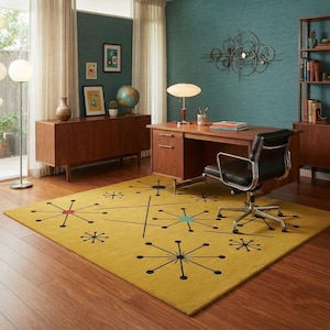 Senfgelber Abstrakter Mid-Century Wollteppich, Handgetufteter Starburst Teppich.