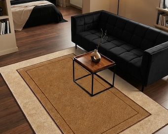 Hand Tufted Wool Area Rug, Neutral Beige Border Carpet, Luxury Living Room Dining Room