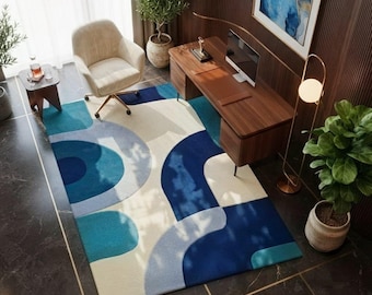 Handgemaakt abstract geometrisch vloerkleed van Nieuw-Zeelandse wol | Crème, marineblauw en turquoise modern tapijt