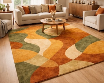 Alfombra de lana tejida a mano, con estampado abstracto ondulado, estilo moderno de mediados de siglo.