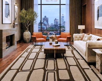 Hand Tufted NZ Wool Area Rug | Beige Dark Brown Geometric Carpet