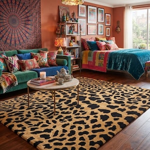 May include: A large rectangular area rug featuring a prominent black and tan leopard print pattern. The rug is positioned on a dark wood floor in a room containing a green sofa, a round marble coffee table, and a bed with a teal velvet blanket.