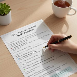 May include: A person's hand holding a pen, writing on a printed sheet titled "The 3-Minute Emergency Kit (Rapid Regulation)". A cup of tea and a small potted succulent are also on the wooden surface.