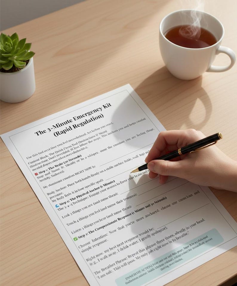 May include: A person's hand holding a pen, writing on a printed sheet titled "The 3-Minute Emergency Kit (Rapid Regulation)". A cup of tea and a small potted succulent are also on the wooden surface.