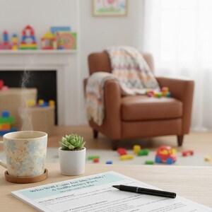 May include: A cozy interior scene with a brown leather armchair, a floral mug with steam, and a succulent in a white pot. A document with text and a pen lie on a wooden table. Colorful toys are scattered on the floor.