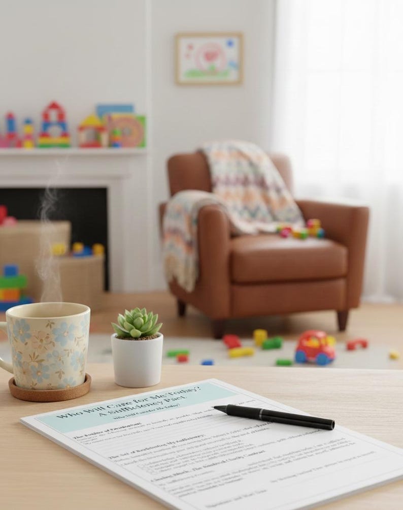 May include: A cozy interior scene with a brown leather armchair, a floral mug with steam, and a succulent in a white pot. A document with text and a pen lie on a wooden table. Colorful toys are scattered on the floor.