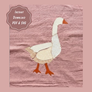 Gänse-Patchwork-Applikations-Nähvorlage | 3 druckbare PDF-Größen + SVG-Schnittdatei | Embden, Silly | Vintage-Landhausstil | Volkskunst | Tier-Quilt