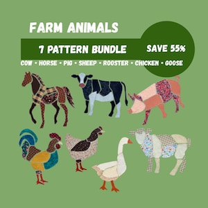 Farm Animal Applique Sewing Pattern Bundle • Cow Horse Pig Sheep Rooster Hen • Patchwork Scrapbuster  • Printable PDF (9, 12 and 15") + SVG