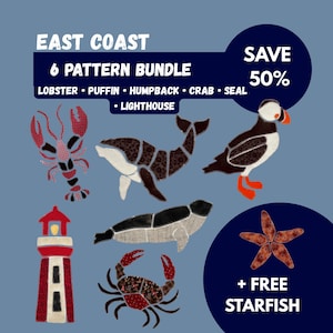 May include: A digital graphic featuring an East Coast 6 pattern bundle with illustrations of a lobster, humpback whale, puffin, lighthouse, seal, and crab, plus a free starfish. Text includes East Coast 6 Pattern Bundle, Save 50%, and Free Starfish.