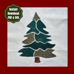 May include: A white fabric square featuring a central Christmas tree applique made of layered green and brown patterned fabric segments with visible stitched edges. The text "Instant Download PDF & SVG" appears in a green badge in the corner.