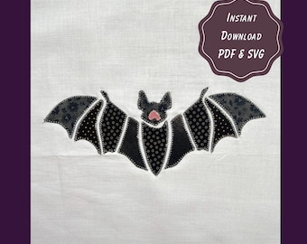 Patchwork Bat Applique Pattern | Halloween Quilt Cricut SVG & PDF | 9, 12, 15 Inch Templates | Spooky Digital Sewing Scrap Pattern