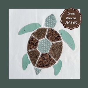 Sea Turtle Patchwork Applique Sewing Pattern | 3 Printable PDF Sizes, Master Guide + SVG Cut File | Ocean Quilt | Scrapbuster Upcycling