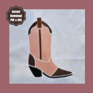 May include: A fabric applique of a cowboy boot on a white background. The boot features a peach-colored floral patterned shaft, dark brown accents on the heel, toe, and top trim, and a black heel base. Text reads: Instant Download PDF & SVG.
