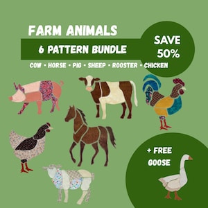 Farm Animal Applique Sewing Pattern Bundle • Cow Horse Pig Sheep Rooster Hen • Patchwork Scrapbuster  • Printable PDF (9, 12 and 15") + SVG