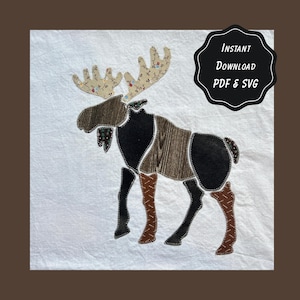 Naaipatroon voor een patchwork-applicatie met elandmotief | 3 printbare PDF-formaten + SVG-snijbestand | Moerasbos | Dierenquilt | Rustieke hutdecoratie