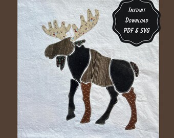 Moose Patchwork Applique Sewing Pattern | 3 Printable PDF Sizes + SVG Cut File | Wetland Woodland Forest | Animal Quilt | Rustic Cabin Decor
