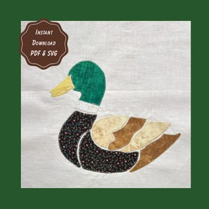 Duck Patchwork Applique Sewing Pattern | 3 Printable PDF Sizes + SVG Cut File | Mallard | Lake Life Wetland | Folk Art | Nature Quilt