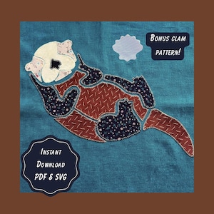 Patrón de costura de aplique de nutria marina en patchwork / 3 tamaños de PDF imprimibles + archivo de corte SVG / Animal adorable / Borde sin rematar, acolchado de movimiento libre / Vida marina