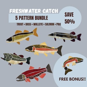 Freshwater Fish Applique Pattern Bundle • Salmon Trout Bass Pike Walleye • Patchwork  • Printable PDF Templates (9, 12 and 15") + SVG file