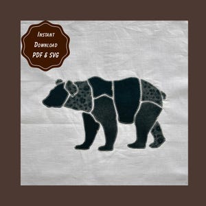 May include: A digital design featuring a bear silhouette composed of segmented black and dark gray floral patterned fabric pieces with white stitched outlines on a white background. The text reads Instant Download PDF & SVG.