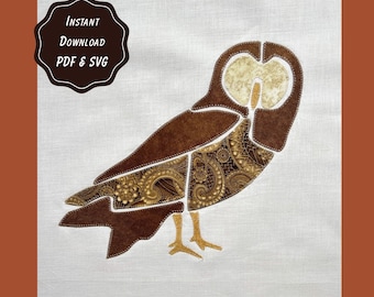 Patchwork Owl Applique Pattern, Forest Animal Quilt Block SVG & PDF, Scrapbuster Woodland Sewing Template 9" 12" 15" Download