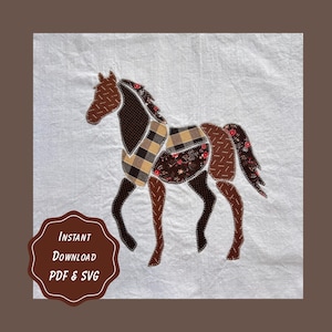 Horse Patchwork Applique Sewing Pattern | 3 Printable PDF Sizes + SVG Cut File | Barnyard Farm Rodeo Cowboy | Animal Quilt | Equestrian