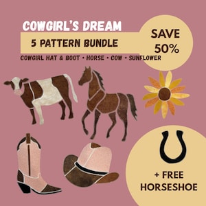 Könnte beinhalten: Eine digitale Grafik mit dem Titel COWGIRL'S DREAM 5 PATTERN BUNDLE mit Illustrationen einer braun-weißen Kuh, eines braunen Pferdes, einer gelben Sonnenblume, eines rosa-braunen Cowboystiefels, eines Cowboyhuts und eines schwarzen Hufeisens.