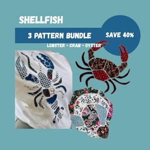 Shellfish Applique Sewing Pattern Bundle • Lobster, Crab & Oyster • Coastal Patchwork Scrapbuster  • PDF Templates (9, 12 and 15") + SVG