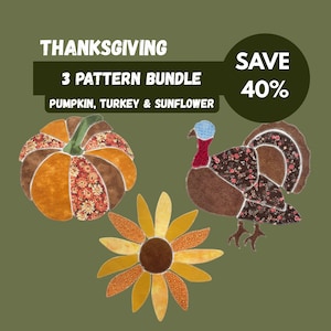 May include: A Thanksgiving 3 pattern bundle featuring a pumpkin, turkey, and sunflower. The text reads THANKSGIVING 3 PATTERN BUNDLE PUMPKIN, TURKEY & SUNFLOWER and SAVE 40%. The pumpkin is orange and brown, the turkey is brown with floral patterns, and the sunflower is yellow and brown.