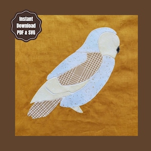 May include: A fabric applique of a white owl with light brown gingham wing and tail details, set against a solid mustard yellow background. A dark brown badge in the top left corner contains the text Instant Download PDF & SVG.