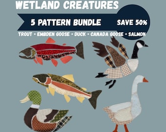 Pacchetto di modelli per cucito con applicazioni a tema zone umide • Salmone, trota, anatra, oca • Patchwork e ritagli di stoffa • Modelli PDF (9, 12 e 15") + file SVG