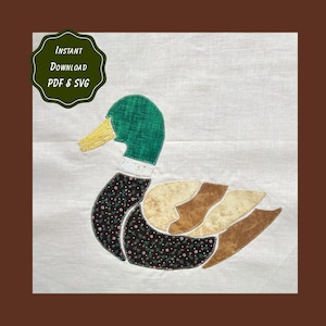 Duck Patchwork Applique Sewing Pattern | 3 Printable PDF Sizes + SVG Cut File | Mallard | Lake Life Wetland | Folk Art | Nature Quilt