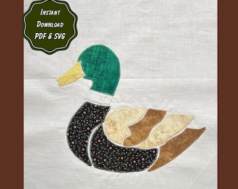 Duck Patchwork Applique Sewing Pattern | 3 Printable PDF Sizes + SVG Cut File | Mallard | Lake Life Wetland | Folk Art | Nature Quilt