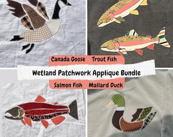 Wetland Applique Sewing Pattern Bundle • Salmon Trout Duck Canada Goose • Patchwork Scrapbuster  • PDF Templates (9, 12 and 15") + SVG file
