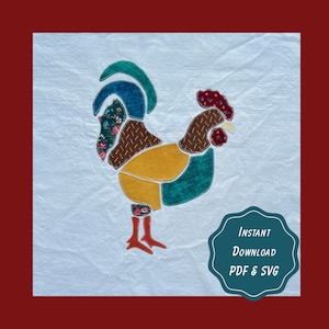 Molde para Costura de Aplique de Galo em Patchwork | 3 Tamanhos em PDF para Impressão + Arquivo de Corte SVG | Estilo Fazenda | Colcha de Animais | Arte Popular para Aproveitar Retalhos