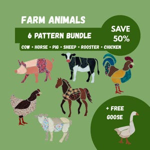 Op de afbeelding: Een digitale afbeelding met de tekst FARM ANIMALS 6 PATTERN BUNDLE SAVE 50% en een lijst met dieren waaronder koe, paard, varken, schaap, haan, kip en een gratis gans. De afbeelding toont zeven kleurrijke dierillustraties in stofstijl.