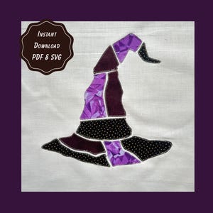 Witch Wizard Hat Patchwork Applique Pattern, Halloween Patchwork Quilt Block SVG & PDF, Fall Scrapbuster Sewing Template 9, 12, 15" Download