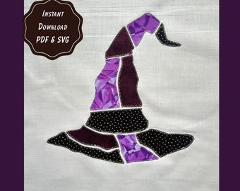 Witch Wizard Hat Patchwork Applique Pattern, Halloween Patchwork Quilt Block SVG & PDF, Fall Scrapbuster Sewing Template 9, 12, 15" Download