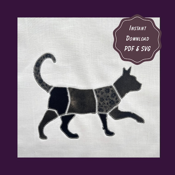 Patchwork Cat Applique Pattern | Halloween Quilt Cricut SVG & PDF | 9, 12, 15 Inch Templates | Spooky Pet Digital Sewing Pattern Fusible Web