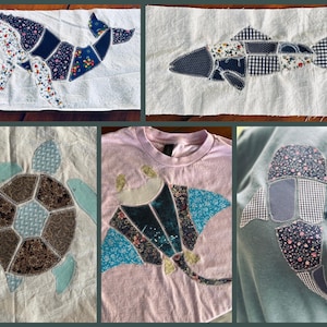 May include: A collage of five fabric appliqué designs featuring marine animals including a whale, a fish, a sea turtle, a manta ray, and a shark. Each creature is constructed from various patterned fabric patches stitched onto light-coloured textiles.