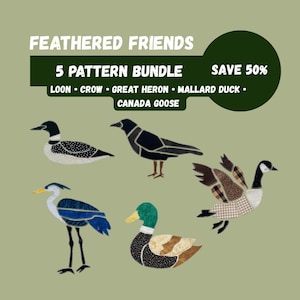 Applikationspaket med vilda fåglar • Lom, häger, kråka, anka, gås • PDF-mallar (9, 12 och 15 tum) och SVG-klippfiler • Patchwork Scrapbuster Quilt Block