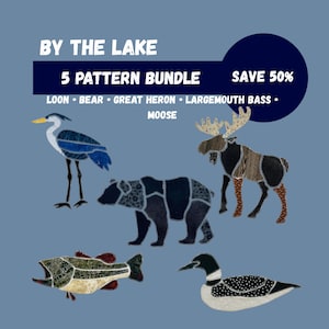 Mönsterpaket med applikationer vid sjön • Loombjörn, älg, havsabborre, häger • Patchwork Scrapbuster • PDF-mallar (9, 12 och 15 tum) + SVG-fil