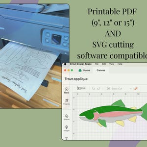 May include: A Canon printer outputting a paper trout applique template with 9, 12, or 15 inch options, alongside a digital screen displaying a trout applique design in Cricut Design Space software, labeled as a printable PDF and SVG compatible file.